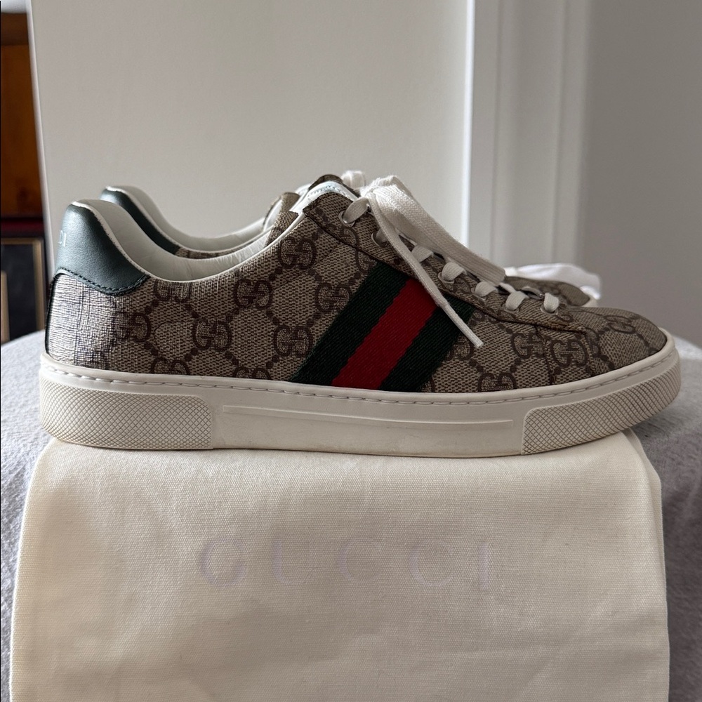 Gucci Beige and Red Monogram Sneakers